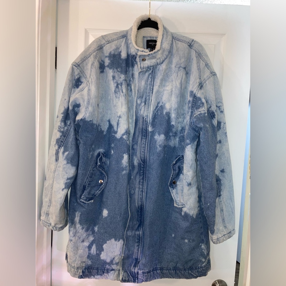 Forever 21 Denim Bleached Fleece Parka Jacket Blue Size XL